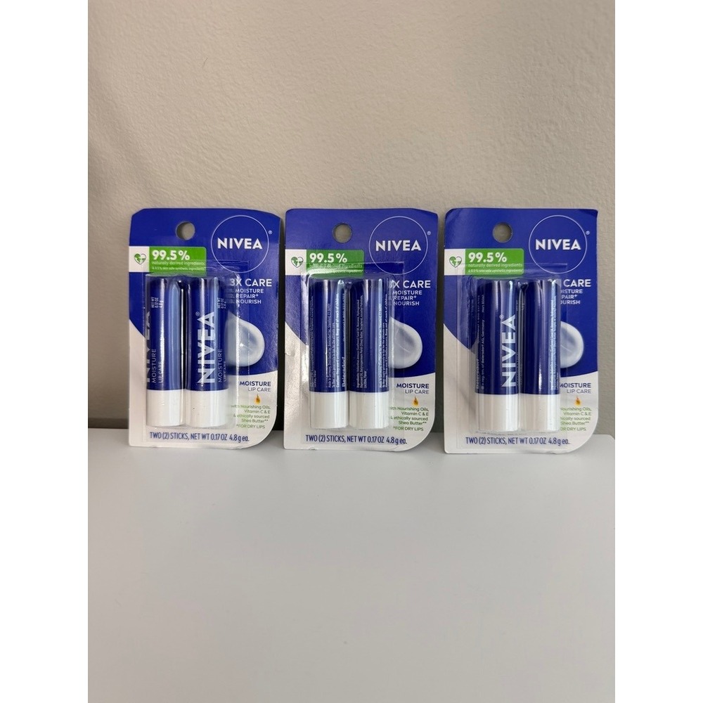 Nivea Moisture Lip Care Unisex 6 Sticks Blue 3X Care Shea Butter Vitamin C E NEW